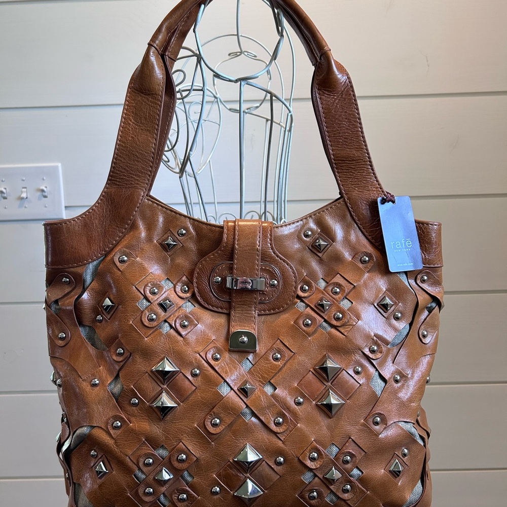 Brown Studded Leather Tote Bag